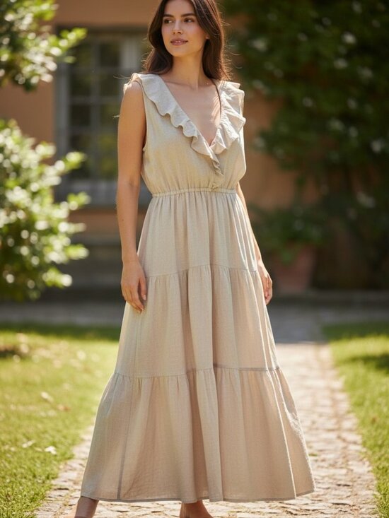 I Love Linen Dresses & Skirts - I Love Linen Italy 100% Linen Tiered Sleeveless Dress Beige Boho Size L Summer